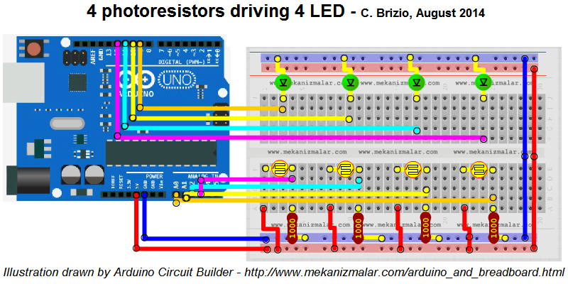 4 photoresistors controlling 4 led s design a circuit online